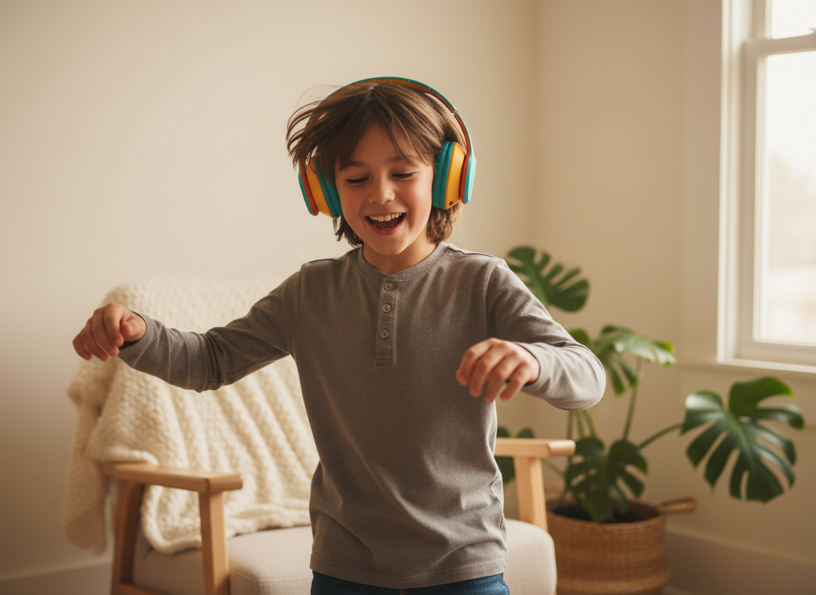 Warm lifestyle photo of a happy child aged 8-10 wearing colorful over-ear headphones, smiling and dancing, soft natural light, cozy home background, cream and warm tones, Apple-aesthetic minimal photography, shallow depth of field