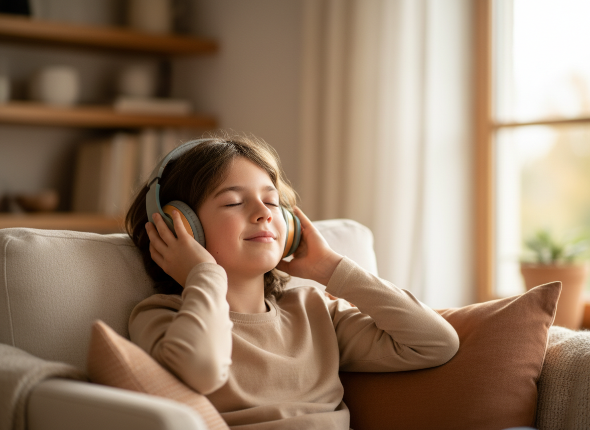 Warm lifestyle photograph of a happy child around age 9 wearing colorful over-ear headphones, eyes closed enjoying music, soft natural window light, cozy home setting with cream and warm tones, shallow depth of field, premium editorial photography, no screens visible
